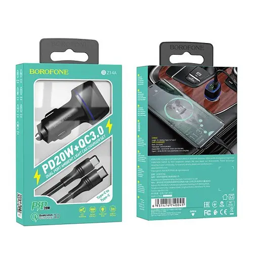 Автомобильное зарядное устройство BOROFONE BZ14A Mercury PD20W+QC3.0 2USB/3A+ Cable Type-C to Type-C черный - фото 3