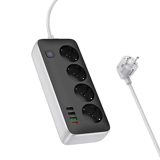 Мережевий удлинитель HOCO AC22 Sunlight 4-bit(PD30W1C3A) desktop socket(EUGER) (1.5m) Black - фото 2