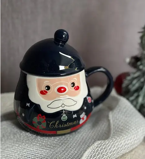 Новорічна кружка Olens Різдвяний помпон з кришкою керамічна 350 мл Синя - фото 2