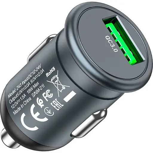Автомобільний зарядний пристрій Hoco Z43 Mighty QC3.0 USB-A Metal Gray (761194) [151283] - фото 4