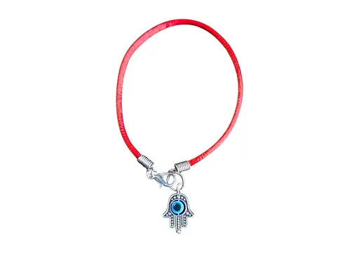 Браслет-оберег Червона нитка зі значком Хамса Рука з оком Фатими сріблястий - фото 1