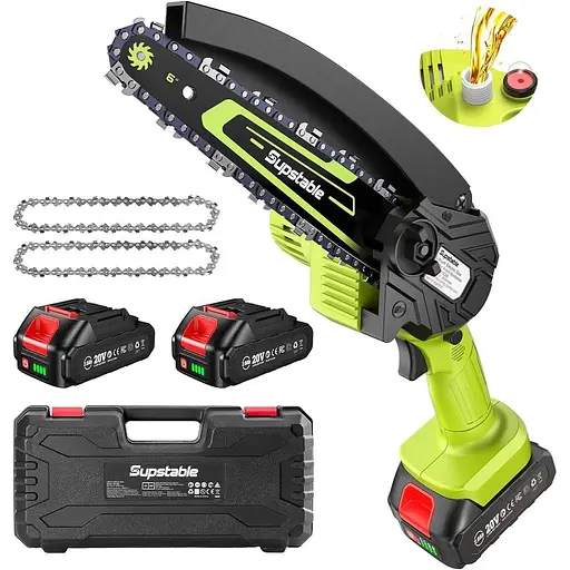 Підстаблювана мініцепна пила 6 дюймів, електрична бензопилка, ланцюгова пила з батарейним живленням і олією, 2 батареї 2000 мА·год