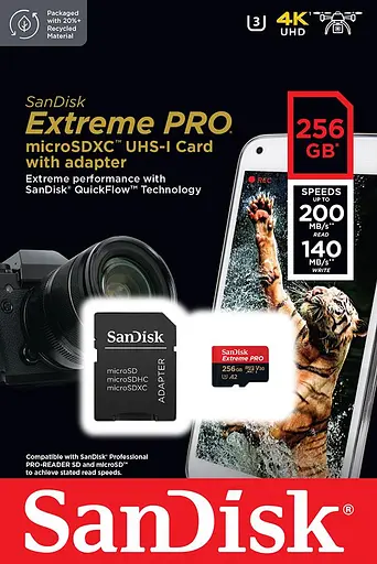 SanDisk Карта пам'яті microSD 256GB C10 UHS-I U3 R200/W140MB/s Extreme Pro V30 + SD - фото 2