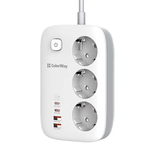 Мережевий фільтр-подовжувач СolorWay 3 розетки/4USB GaN3 Pro PD (2USB-A + 2 TYPE-C) (65W) 2 м (CW-CHE34PDW) - фото 3