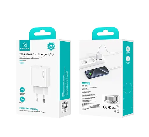 Мережевий зарядний пристрій Usams US-CC226 T65 PD20W TYPE-C Fast Charger (EU) Білий - фото 2