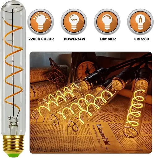 Лампа Эдисона Tianfan, светодиодная T28/T9, 4 Вт, с регулировкой яркости, длинная, с золотистым оттенком, 220/240 В, с цоколем - фото 4