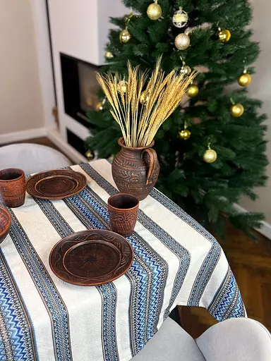 Лляна скатертина різдвяна з українським орнаментом "Рандеву синій" - 220х150 см - фото 6