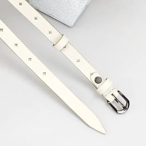 Ремінь жіночий вузький шкіряний з дірочками SF-1545 молочний (125 см) - фото 4