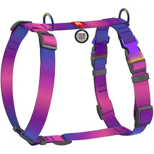 Шлея для собак Waudog Nylon Recycled анатомічна H-подібна з QR-паспортом, градієнт, L фіолетовий