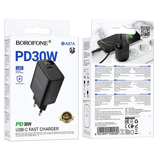 Сетевое зарядное устройство для Borofone BA97A Ilustre single-port PD30W charger with digital display (EU) черный - фото 2