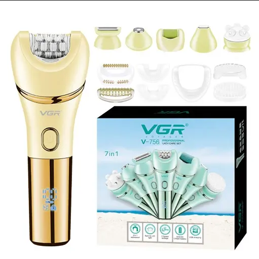 Жіночий акумуляторний епілятор 7 в 1 VGR V-756 з підсвічуванням золотий - фото 2