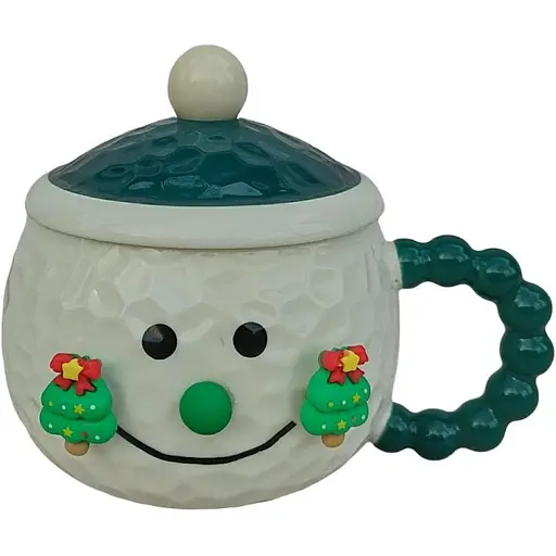Чашка новорічна Snowman 32285 порцелянова з кришкою та ложкою 380 мл Біла з зеленим - фото 1