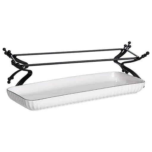 Фарфоровое сервировочное блюдо на металлической подставке 29.5×12×9 (см) блюдо для подачи закусок Белый с черным Yiwu LB-1565B - фото 2