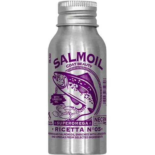Уценка. Пищевая добавка для собак и кошек Necon Salmoil Ricetta 5 Superomega лососевое масло – здоровая кожа и блестящая шерсть 50 мл