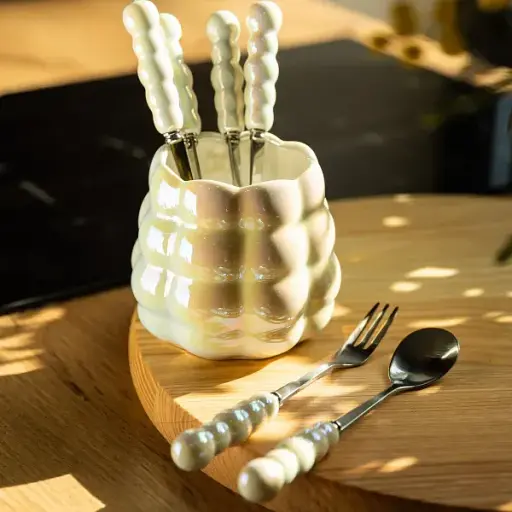 Набор десертных вилок и ложек Yiwu на фарфоровой перламутровой подставке HP-20-62 - фото 3