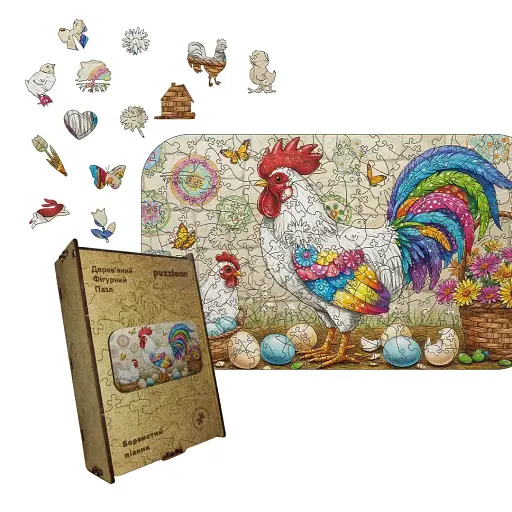 Деревянный фигурный пазл Красочный Петушок, А2, Деревянная коробка 300+ элементов
