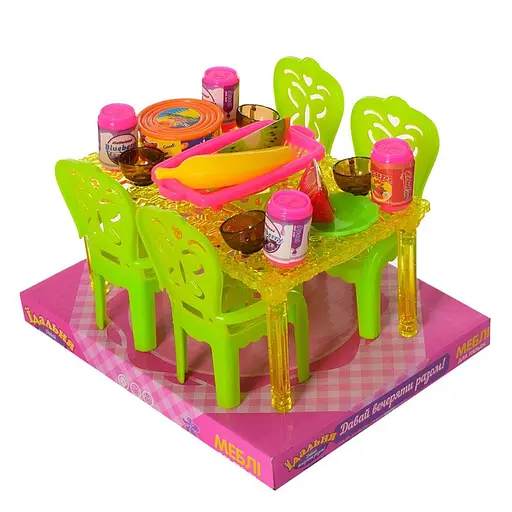 Їдальня, стіл, 4 стільці, посуд, продукти, 18x14x11.5 см