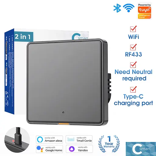 Вимикач Wi-Fi механічний Tuya RF433 EU Wi-Fi на одну лінію Сірий - фото 2