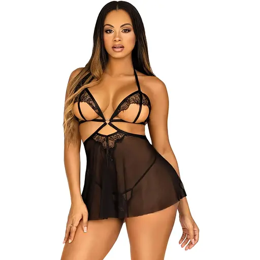 Рубашка бэби-долл с открытыми чашками Leg Avenue Lace and mesh Babydoll & panty Black S, стринги - фото 6