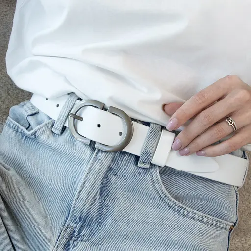 Ремінь жіночий шкіряний НС-3424 (120 см) зі сріблястою подвійною пряжкою білий - фото 5