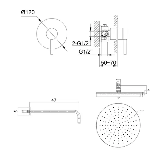 Душова система Kohlman Axel 20 chrome + BOX прихованого монтажу QW220AR20, Хром - фото 2