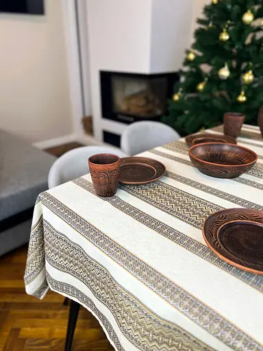 Лляна скатертина різдвяна з українським орнаментом "Рандеву коричневий" - 290х150 см - фото 7