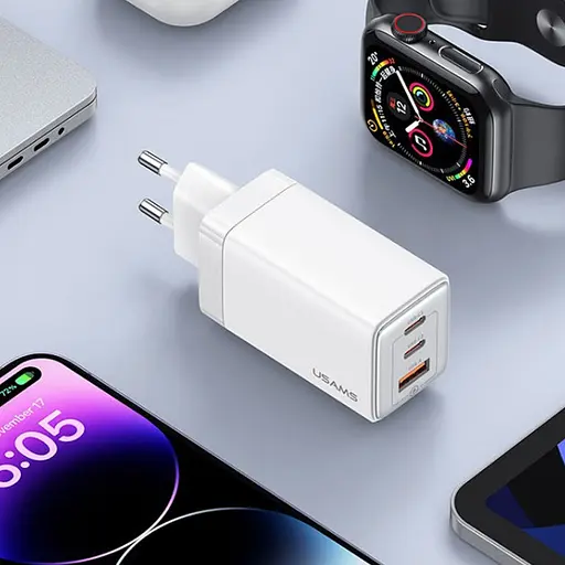 Зарядний пристрій 3 порти Usams US-CC180 triple GaN 1 A + 2C 65 W 5A біле - фото 2