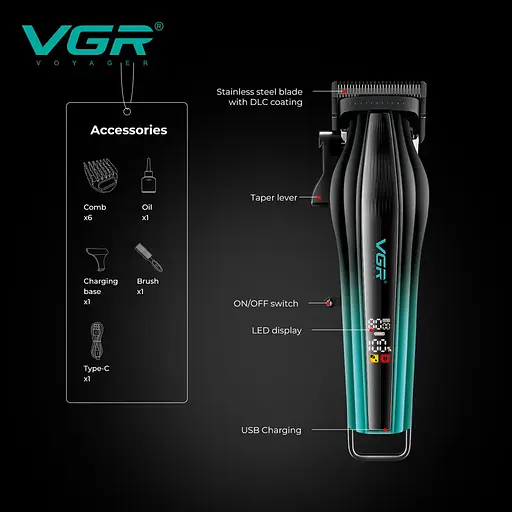 Триммер VGR V-273 c 6 насадками аккумуляторная машинка для стрижки дисплей Черный с Зеленым 10 Вт - фото 5
