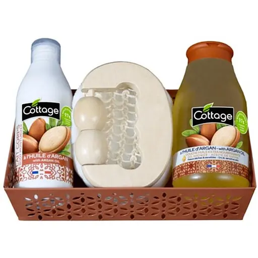 Набор для женщин Cottage Argan Oil: Масло для душа 250 мл + Молочко для тела 150 мл + Мочалка + Массажер + Корзина