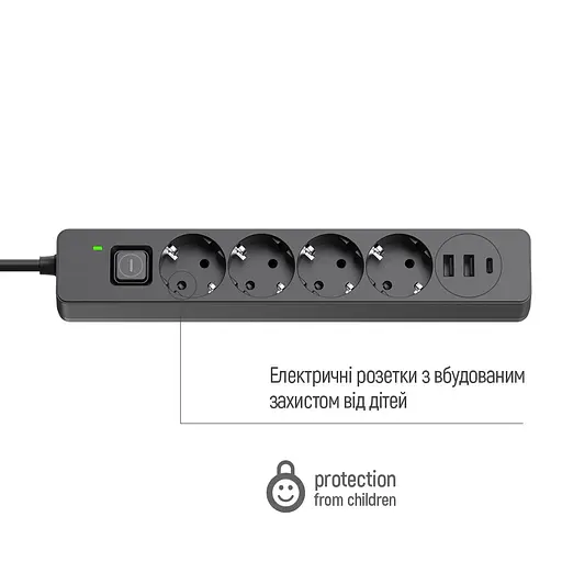 Мережевий фільтр-подовжувач СolorWay 4 розетки/3USB (2USB-A + 1 TYPE-C) (24W) Black 2 м (CW- CHE432PDB) - фото 9