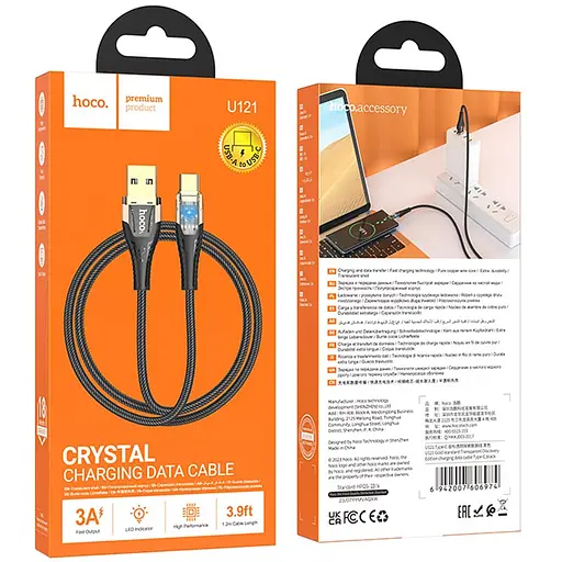 Дата кабель Hoco U121 Gold standart Transparent Discovery Edition USB to Type-C (1.2m) Black - фото 6
