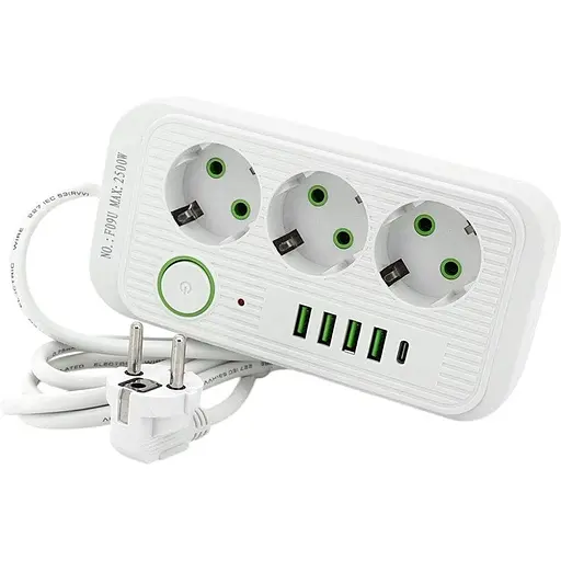 Мережевий фільтр-подовжувач Voltronic FU09W 3 розетки EU + 4USB + 1PD 2 м 3x0.75мм 2500W White