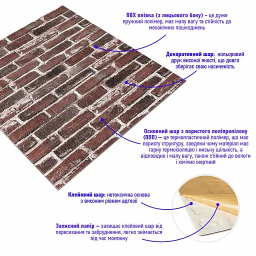Самоклеющийся 3D панель 700х770х3мм красный Екатеринославский кирпич (43-3) SW-00001164 - фото 2