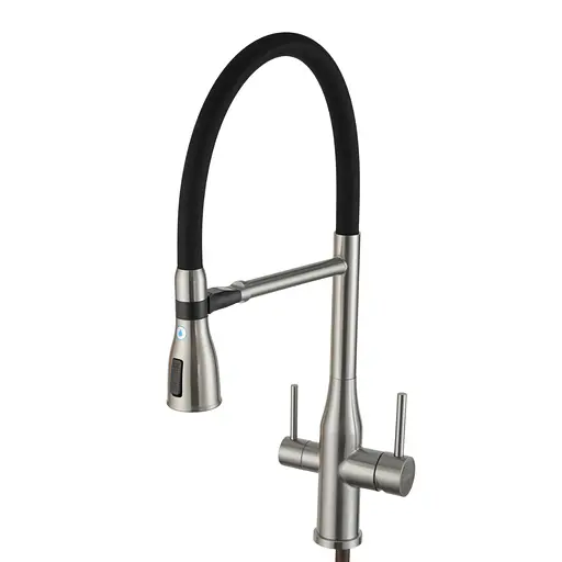 Смеситель для кухни на две воды Gappo G4399-75 гибкий излив нержавеющая сталь сатин/черный Нержавеющая сталь - фото 1