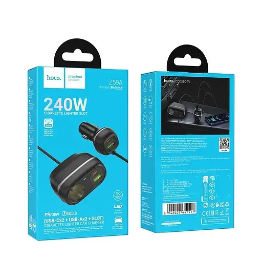 Разветвитель авто прикуривателя - зарядный адаптер HOCO Z59A Rank 96 W (2C2A) - фото 5
