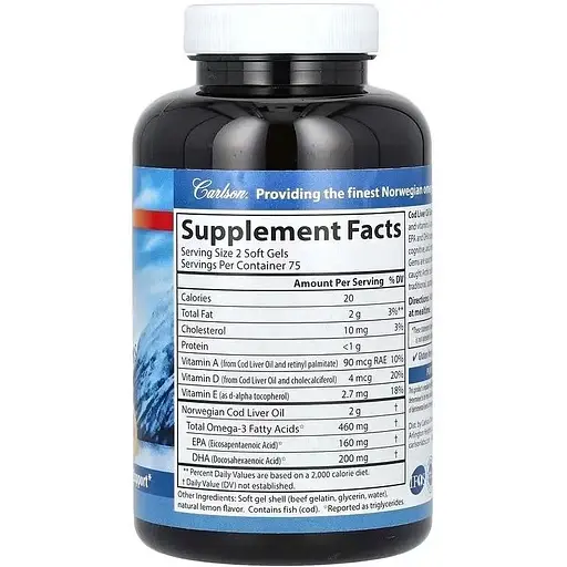 Рыбий жир из печени трески Carlson Cod Liver Oil Gems со вкусом лимона 150 гелевых капсул - фото 2