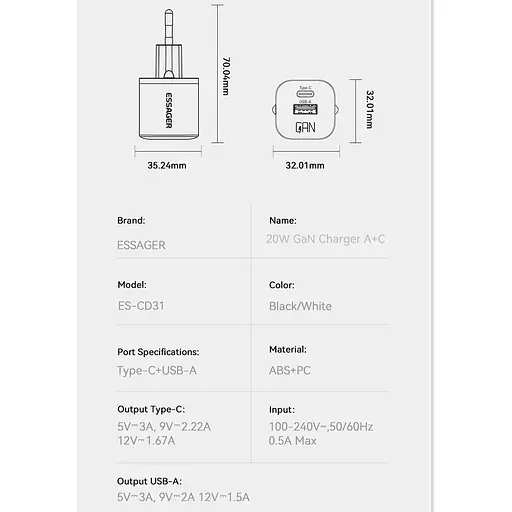 Зарядное устройство Essager GaN mini Type C PD + USB QC3.0 20W - фото 10