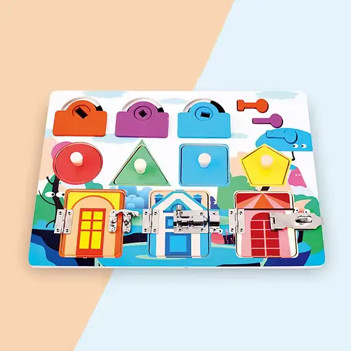 Игрушка деревянная бизиборд 30х22,5 см, рамка-вкладыш с ручкой, двери, задвижки, замки MD0887