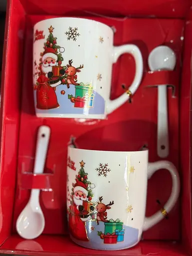 Набор новогодний С Рождеством керамическая Чашка 2 шт и ложечка 2 шт 200 мл Красный - фото 2
