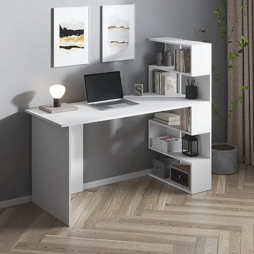 Компьютерный стол Vays M-15 Белый, письменный с полками справа, ЛДСП, 142×60×123 см - для дома, учебы, офиса