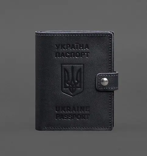 Кожаная обложка-портмоне на паспорт с гербом Украины 25.1 темно-синяя - фото 1