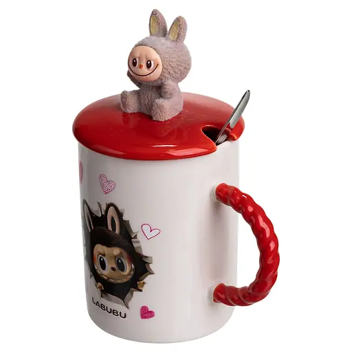 Чашка порцелянова Yiwu Labubu 300 мл з кришкою і ложкою червоний Yiwu FM-35D - фото 4