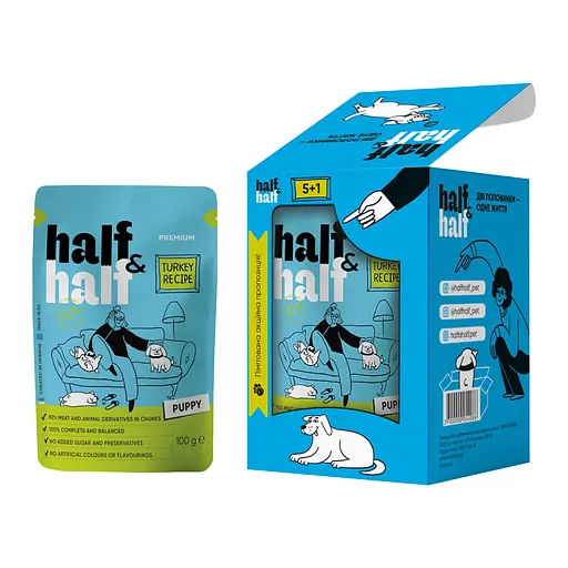 Набор влажных кормов Half & Half 5+1 для щенков, кусочки с индейкой в ​​соусе (6 шт. x 100 г) - фото 2