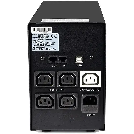 Джерело безперебійного живлення PowerCom BNT-1500AP Black, 1500 ВА, 900 Вт, лінійно-інтерактивний, AVR, 5 розеток (IEC), батарея 12В/7Ач x 2 шт, захист RJ45 - фото 2