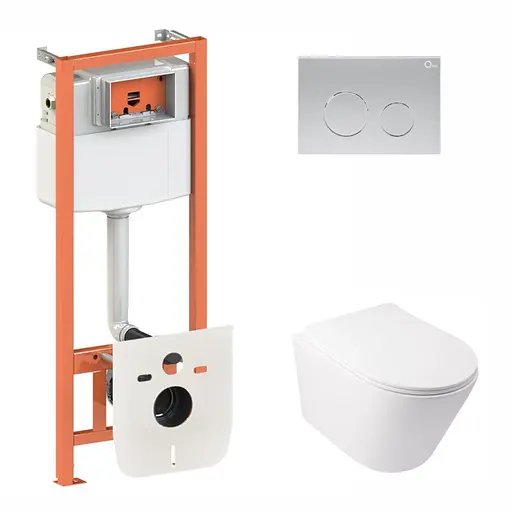 Набор Qtap инсталляция 3 в 1 Nest QT0133M425 с панелью смыва круглой QT0111M11111SAT + унитаз с сиденьем Swan QT16335178W, Белый - фото 1