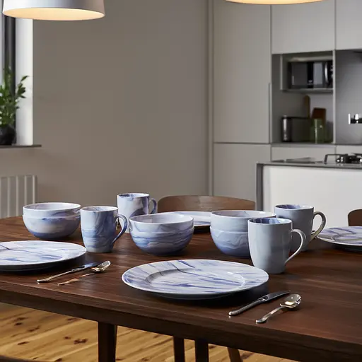 Столовый набор посуды тарелок и чашек 16 предметов на 4 персоны Marble Clara фарфоровый, обеденный столовый сервиз тарелок Синий Yiwu MD-16-3B - фото 2