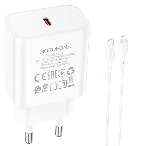 Зарядний пристрій (блок із кабелем) Borofone BA71A Type-C to Lightning Power 1 Type-C 20 W білий - фото 3