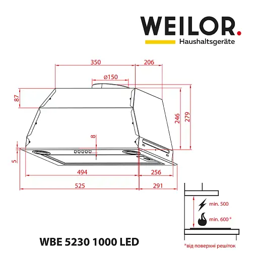 Вытяжка полновстраиваемая WEILOR WBE 5230 BL 1000 LED - фото 9