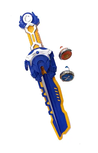 Игра HZY777-101A-102A BBL, юла 4,5см 2шт, запускалка меч 40см, свет, в коробке (6903317652488) Синий - фото 1