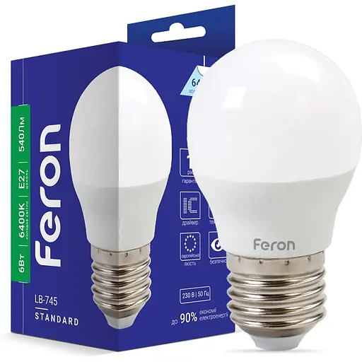 Світлодіодна лампа Feron LB-745 G45 230V 6W E27, 6400K (1450108)